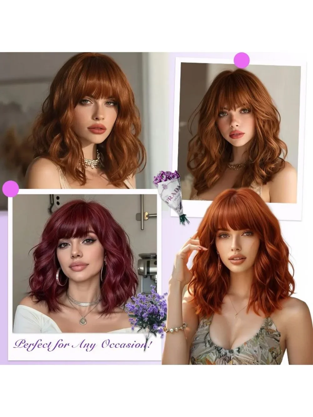 Women's Burgundy 14 Inch Natural Synthetic Short Curly Wavy Fiber Wigs